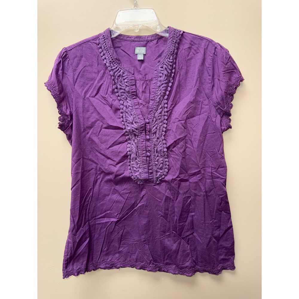 Converse One Star Womens XL Purple Crochet Lace Pom Pom Trim Boho Blouse Top